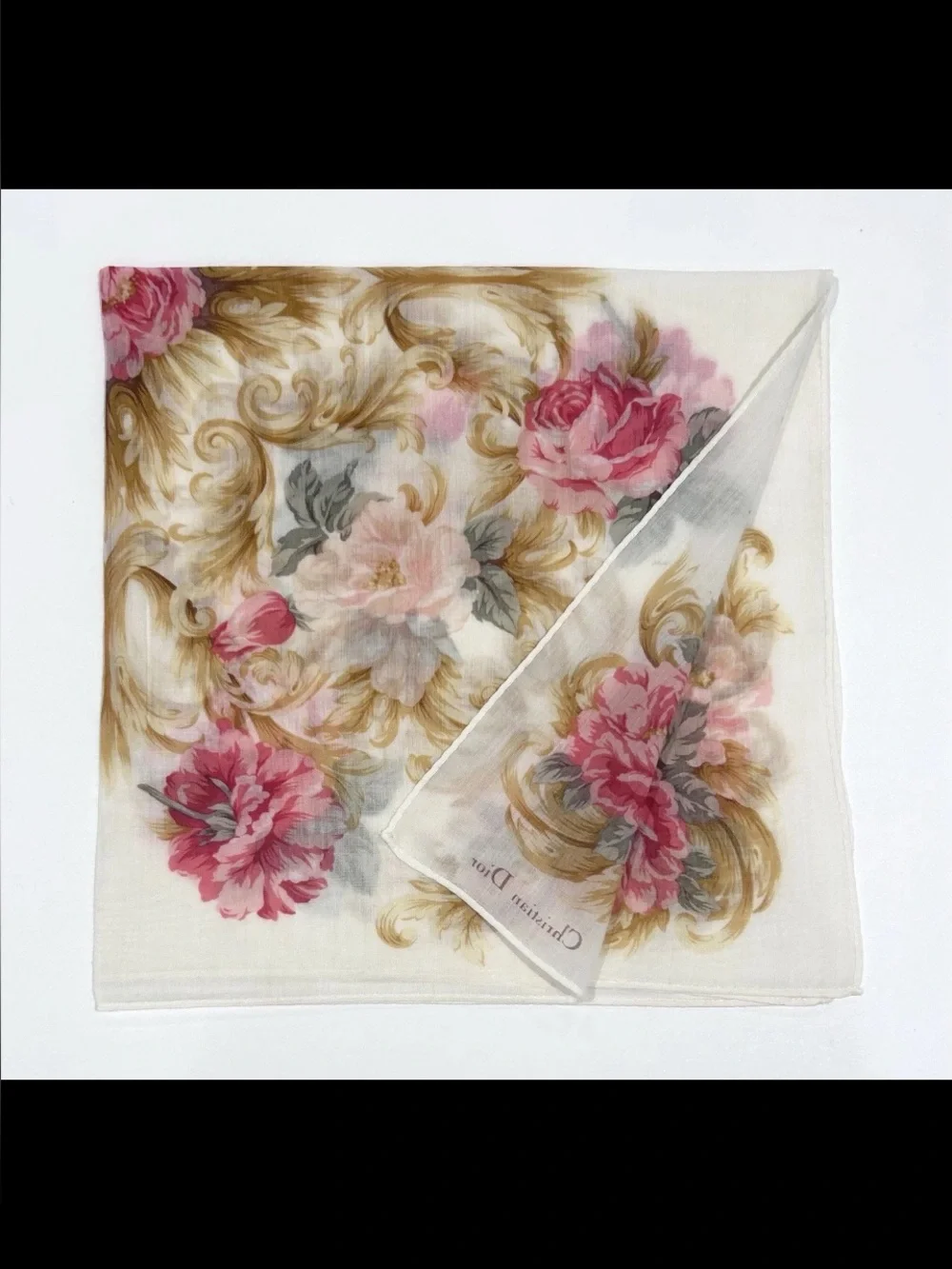 Dior Pink Floral Silk Neck Scarf on Cream Ground
